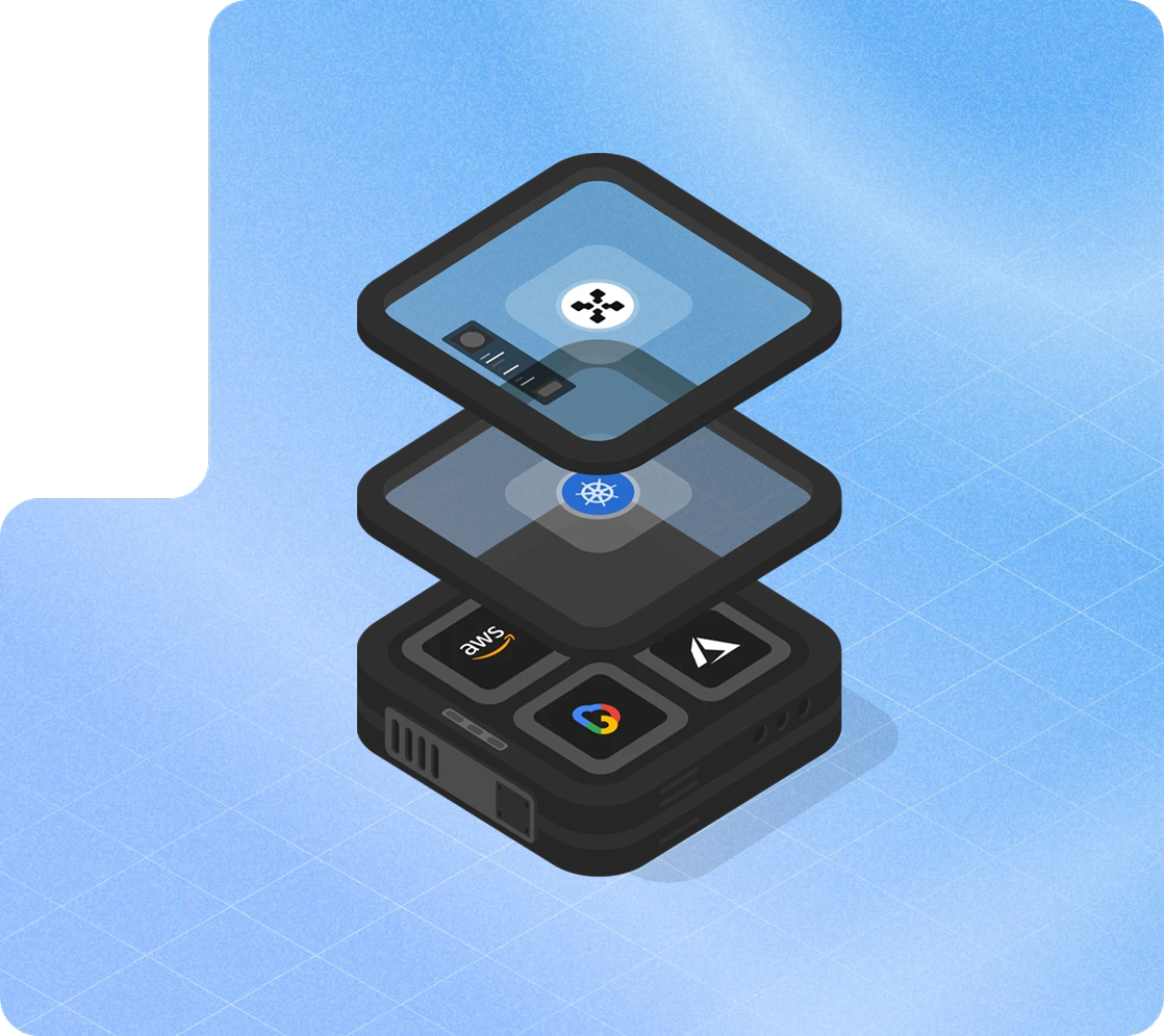 Stacked isometric platform layers carrying AWS, Google Cloud, Azure and Kubernetes logos