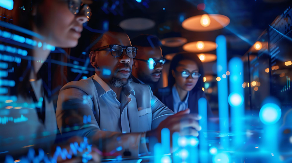 Members of the Tranarc community working together around a lit data display